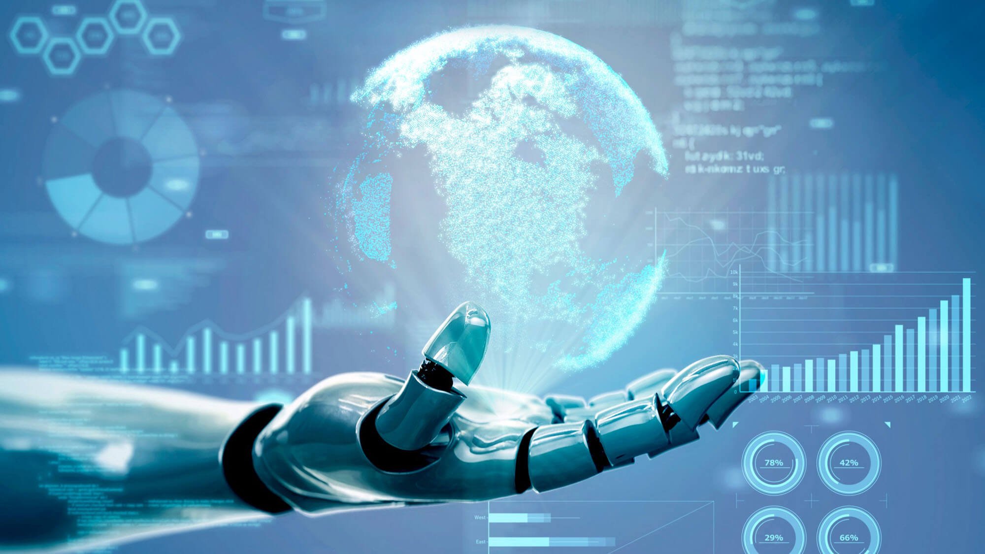 Robot hand showing hologram digital earth and analytics data